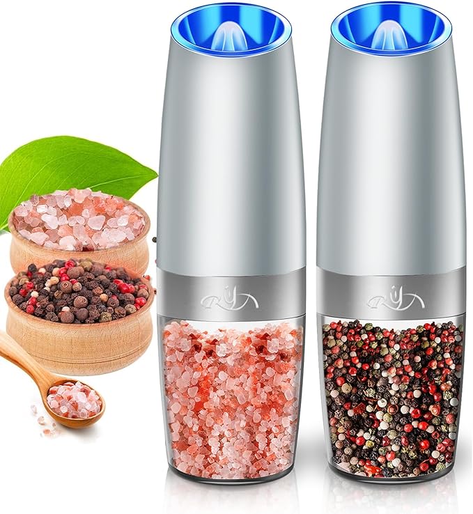 Rongyuxuan Gravity Salt and Pepper Mill Set,Electric Automatic Pepper Grinder Mill Shaker with Battery Powered,Stainless Steel,Blue LED Light,Adjustable Coarseness,One Hand Use,Light Grey