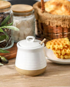 glowworm 12 Ounce Honey Jar with Dipper, Ceramic Honey Container for Home, Kitchen, Farmhouse Housewarming Gift, Dishwasher Safe, White