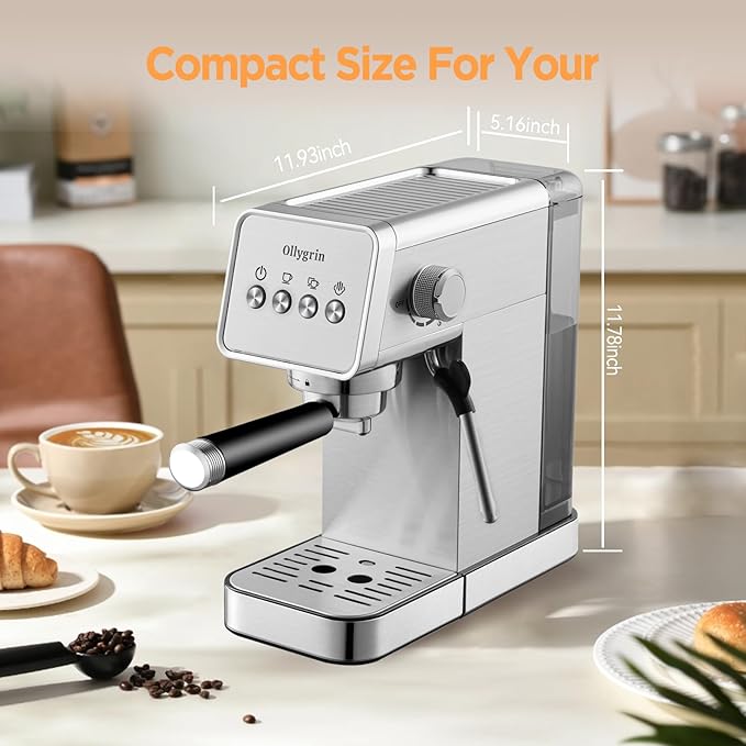 Espresso Machine,20 Bar Semi-Automatic Espresso Maker with Milk Frother,Compact Stainless Steel Coffee Machine with 40oz Removable Water Tank for Cappuccino,Latte, Americano,Sliver for Home