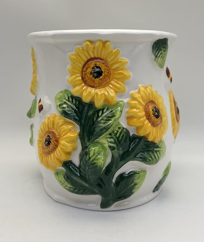 ACK Utensil Holder, Utensil Crock, Modern Kitchen Decor, Kitchen Storage (3D Sunflower)