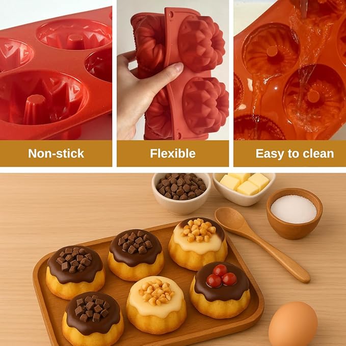 2PCS Mini Bundt Cake Silicone Pans, 6-Cavity Fluted Tube Cake Mold, Nonstick Baking Mold for Cupcake, Donut, Jelly, Brownie
