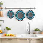 Collapsible Colander 3-Pack Set Space-Saving Foldable Kitchen Strainer with Non-Slip Base Durable Thickened PP+TPE Collapsible Strainers for Pasta, Vegetables, Fruits (Gray-Blue)