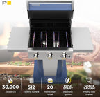 Permasteel 3-Burner Propane Gas Grill, 30,000 BTUs BBQ Grill with Cast Iron Grates, Foldable Side Tables & Tool Hooks, Outdoor Grill, Azure