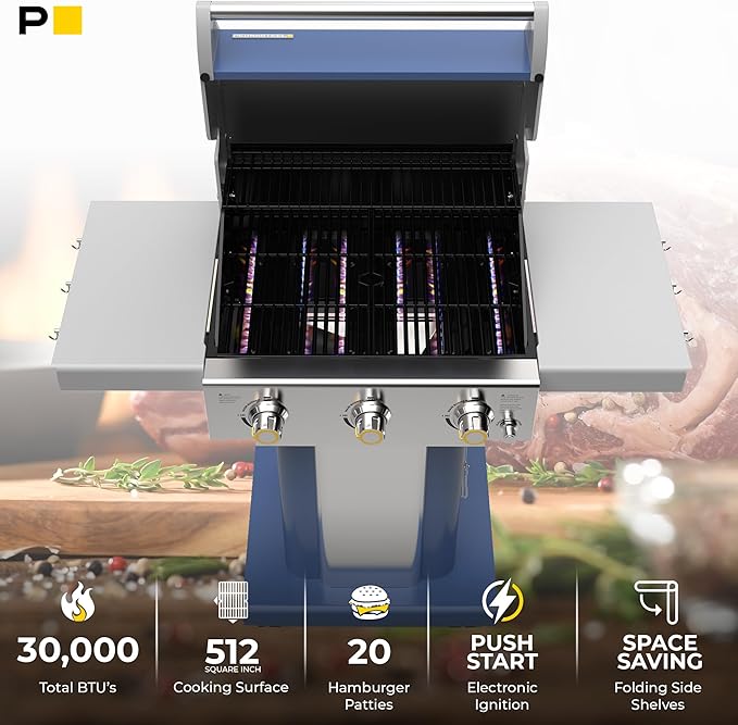 Permasteel 3-Burner Propane Gas Grill, 30,000 BTUs BBQ Grill with Cast Iron Grates, Foldable Side Tables & Tool Hooks, Outdoor Grill, Azure