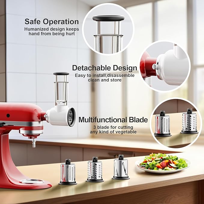 Cofun Slicer Shredder Attachment for Kitchenaid Stand Mixer, Cheese Grater Attachment, Food Slicer Salad Maker for Kitchen aid Mixer Accessories and Attachments with 3 Blades