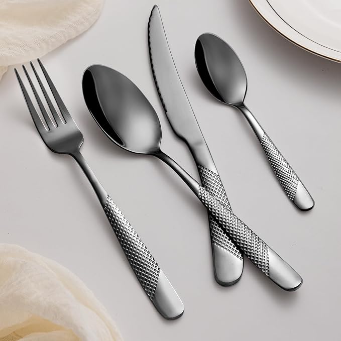 24-Piece Black Hammered Silverware Set, Food-Grade Stainless Steel Flatware Service for 6, Modern Cutlery Utensil Set with Forks Knives Spoons, Mirror Polished, Dishwasher Safe for Home Kitchen Dining