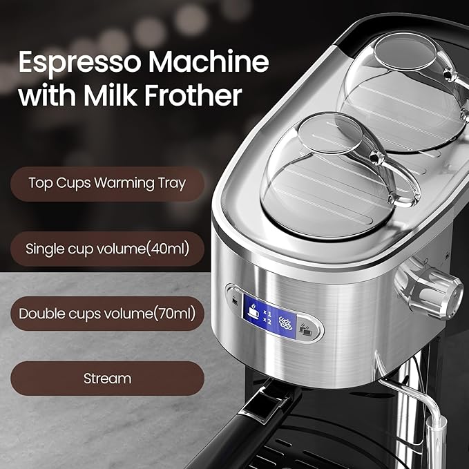 Espresso Machine 20 Bar, Professional Stainless Steel Coffee Maker with LCD Display, Steam Wand, 45oz Removable Water Tank, for Espresso, Cappuccino, Latte at Home or Office, Black