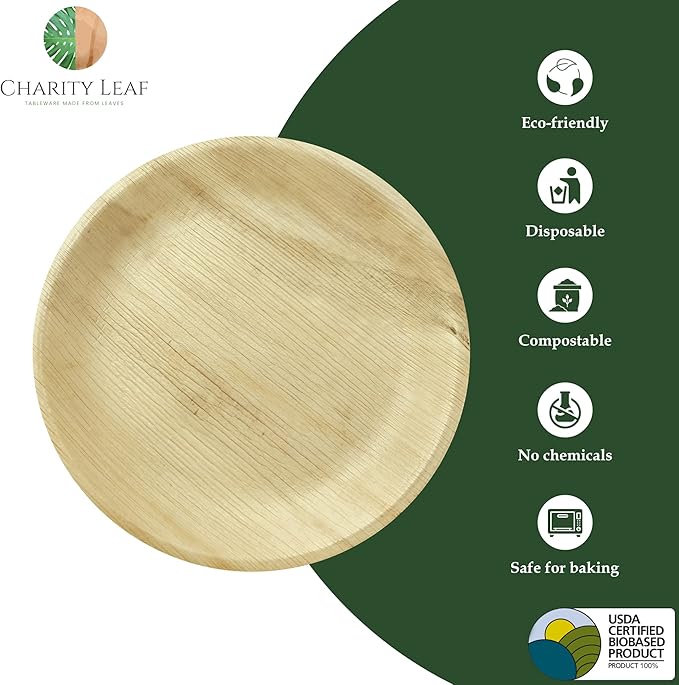 Disposable Palm Leaf 10" Round Plates (50 pieces) Bamboo Like Serving Platters, Disposable Boards, Eco-Friendly Dinnerware For Weddings, Catering, Events