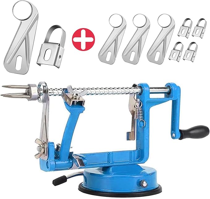 Apple Peeler, Slicer Corer Potato Peelers 3 In 1, Stainless Steel Heavy Duty Suction Cup Base And 7 Extra Blades (Blue)