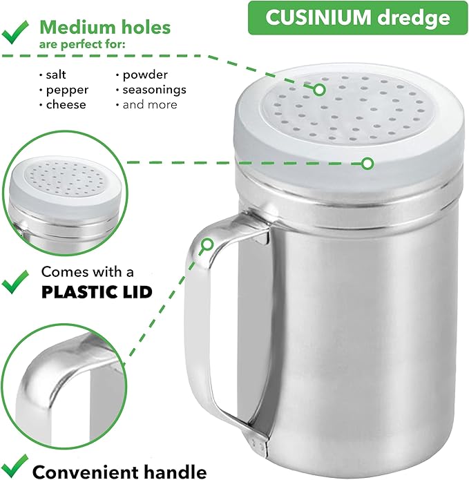 CUSINIUM Large Metal Salt Pepper Cooking Dredge Shakers - With Handle - Seasonings Spice Shakers With Holes and Lids - 14 Ounce, 2pcs | Style: Medium