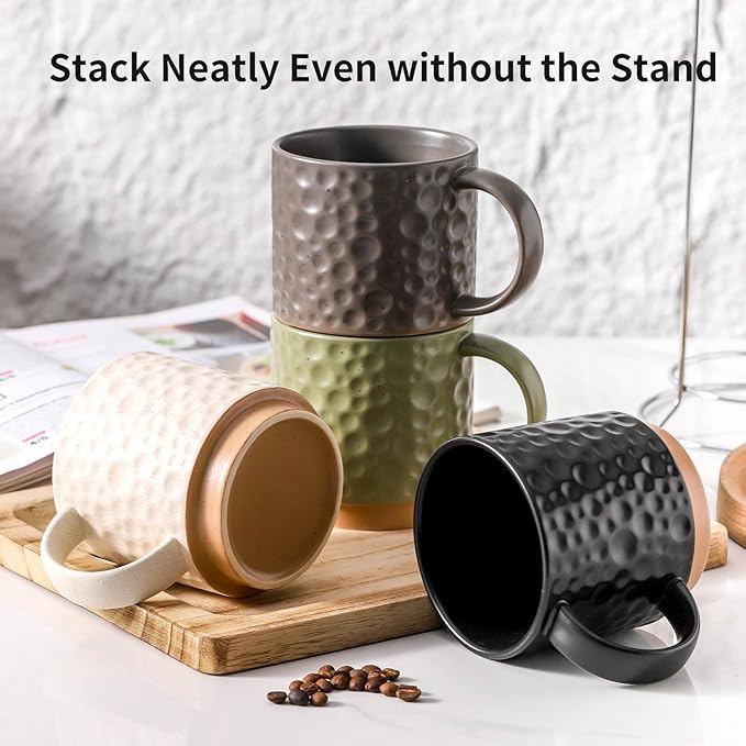 Nihow Ceramic Coffee Mug Set of 4, 16OZ Stackable Coffee Mug Set with Stainless Stand,Large Cup Set for Cappuccino,Tea,Hot/Cold Drinks,Dishwasher & Microwave Safe,Mixing Color