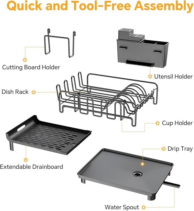 Simple Trending Extendable Dish Drying Rack, Multifunctional Dish Drainers for Kitchen Counter, Dish Strainer with Cutlery & Cup & Utensil Holder, Black
