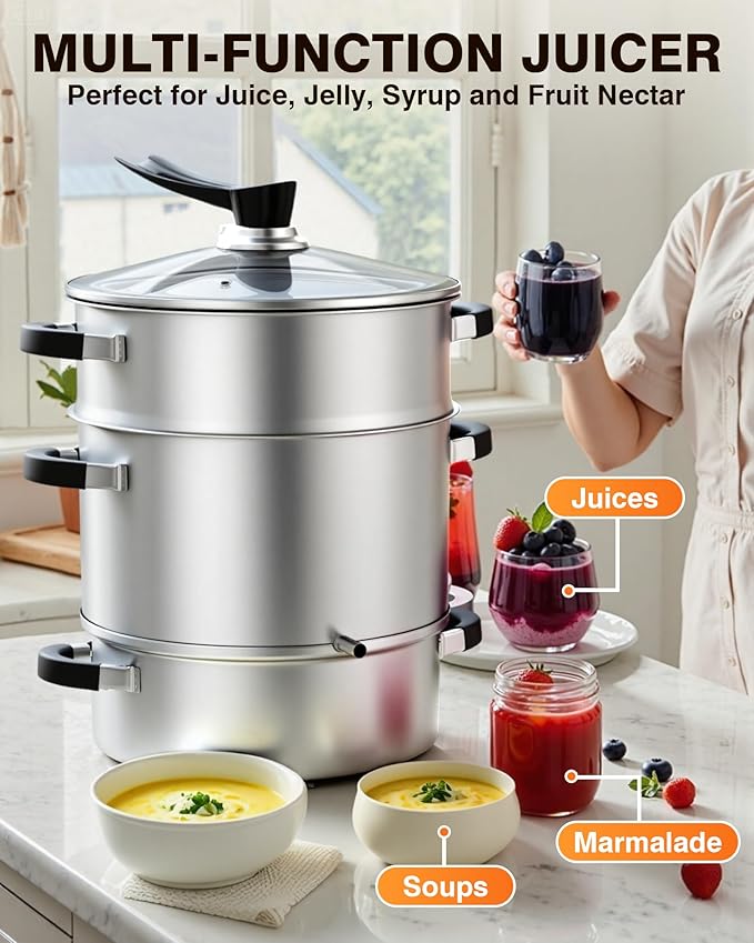 PYY Steam Juice Extractor Electric- 11QT Fruit Vegetables Steam Juicer for Canning, 3-Layer Stainless Steel with Tempered Glass Lid, Hose, Jelly, Syrup, Clamp Steamer Extractor for Making Juice