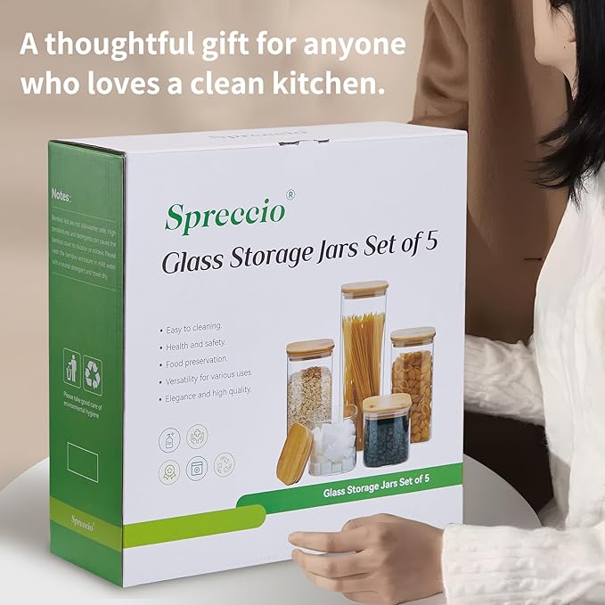 Square Glass Food Storage Jars with Lids[Set of 5], Perfect for Pasta, Cookies, Nuts, Coffee, Cereal, Flour,Organize Your Kitchen and Pantry with these BPA-Free Glass Jars with Canisters