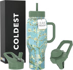 Coldest Tumbler with Handle and Straw - 100% Spill Proof Tumbler with Straw (3 Lids) - Stainless Steel Insulated Leakproof Tumblers for Women & Men - 36 oz (Almond Blossom)