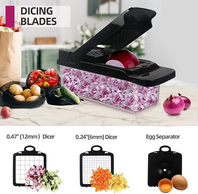 18 In 1 Vegetable Chopper, Vegetable Dice, Veggie Chopper with Container, Mandoline Slicer & Cheese Grater,Onion Potato Salad Food Chopper,Includes a free egg Slicer & onion holder for slicing