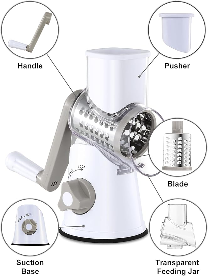Cheese Grater Rotary, Rotary Grater for Kitchen, Kitchen Grater Vegetable Slicer with 3 Drum Blades, Fast Cutting Cheese Shredder for Vegetables and Nuts