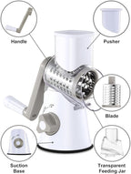 Cheese Grater Rotary, Rotary Grater for Kitchen, Kitchen Grater Vegetable Slicer with 3 Drum Blades, Fast Cutting Cheese Shredder for Vegetables and Nuts