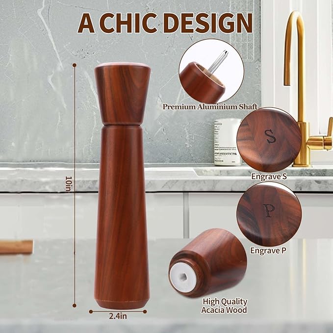 Wooden Pepper Grinder,Pepper Mill Wood 10In–Salt Grinder Refillable,Pepper Grinder Manual Adjustable Ceramic Rotor,Easy Refill,Salt and Pepper Shakers with Coarseness Control 1-Pack