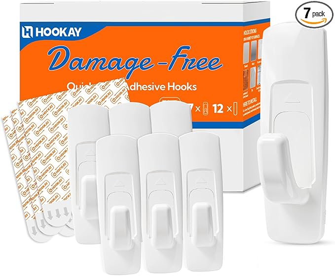 hookay 5lbs Utility Hooks, Damage-Free Hanging Wall Hooks, No Tools Removable Hanging Organizational Items in Living Spaces, 7 Hooks, 12 Adhesive Strips