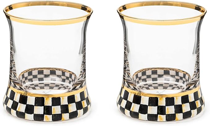 MACKENZIE-CHILDS Tumbler Glasses, Elegant Drinkware, Glasses with Gold Rim, 8 Ounces, Set of 2, Black-and-White Courtly Check