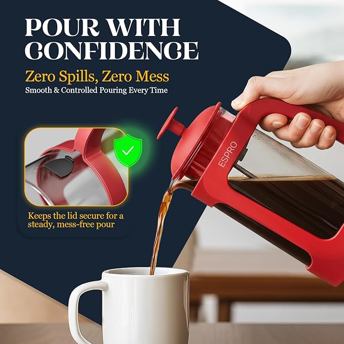 ESPRO P3 French Press Coffee Maker – Patented Double Micro-Filter for Grit-Free Brew, Heat Resistant thicker Borosilicate Glass Coffee press – Red (32oz)