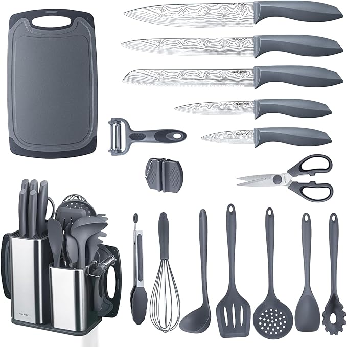 RAXCO Cooking Utensils Set,18-Piece Damascus Texture Knifes and Kitchen Gadgets,Integrated Storage,Grey
