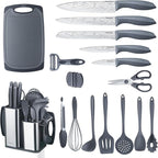 RAXCO Cooking Utensils Set,18-Piece Damascus Texture Knifes and Kitchen Gadgets,Integrated Storage,Grey