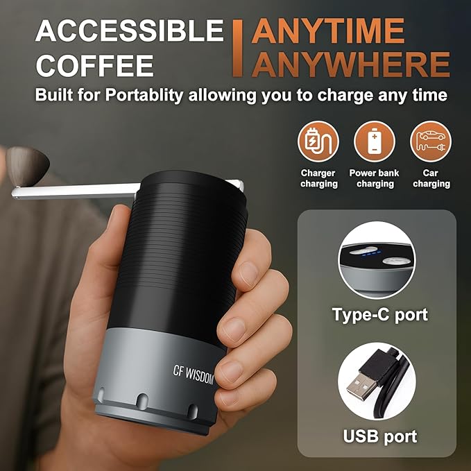 Portable Electric Coffee Grinder, Conical Burr Coffee Grinder – Dual Mode Manual & Electric Grinder Manual with Adjustable Grind Settings, Hand Bean Grinder for RV, Hiking, Office