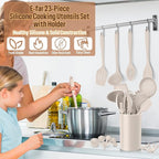 Silicone Kitchen Utensils Set, E-far 23 Pcs Khaki Cooking Utensils Tools with Holder for Nonstick Cookware, Include Spatula/Spoon/Ladle/Tongs/Turner, Heat Resistant & Nontoxic, Dishwasher Safe