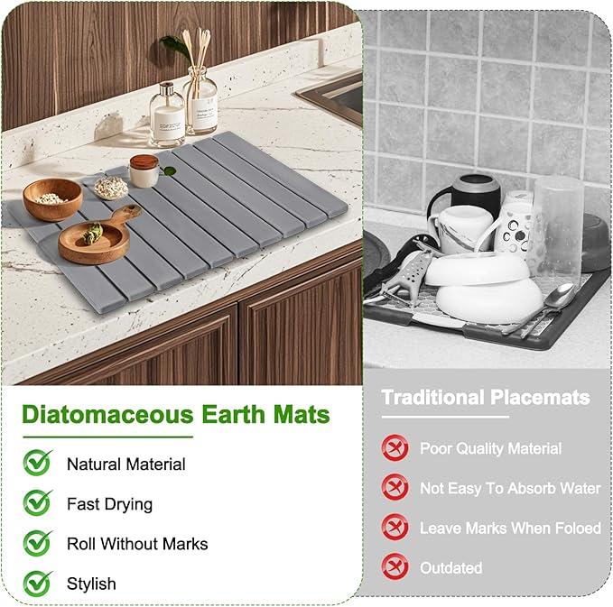 Foldable Stone Dish Drying Mat for Kitchen Counter,24"×16"Fast Dry Pad Absorbent Countertop Mat, Heat-resistant Mat,Diatomaceous Earth Mats,Gray