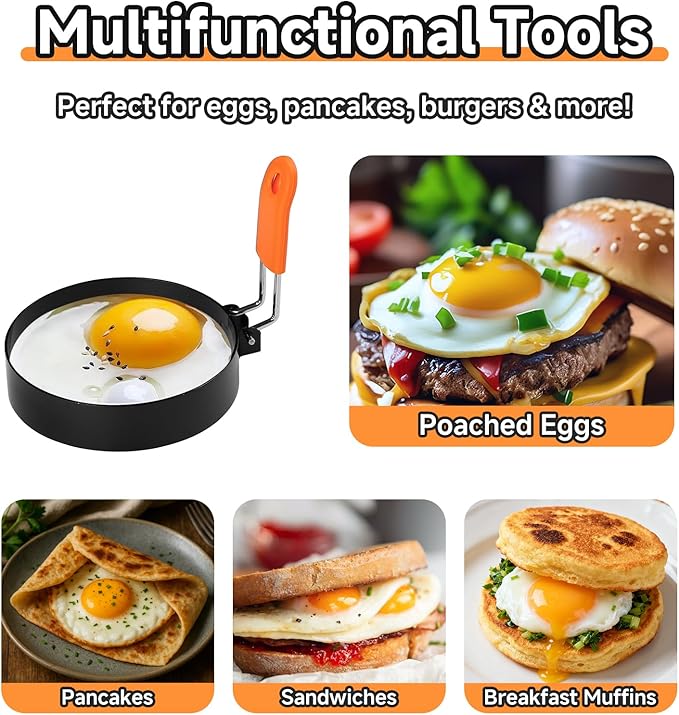 4 Pack Egg Ring Compatible with Blackstone Griddle, 3.5" Egg Rings with Silicone Handle, Round Nonstick Metal Eggs Molds for Frying Eggs, Portable Grill Accessories for Breakfast Omelette Sandwich