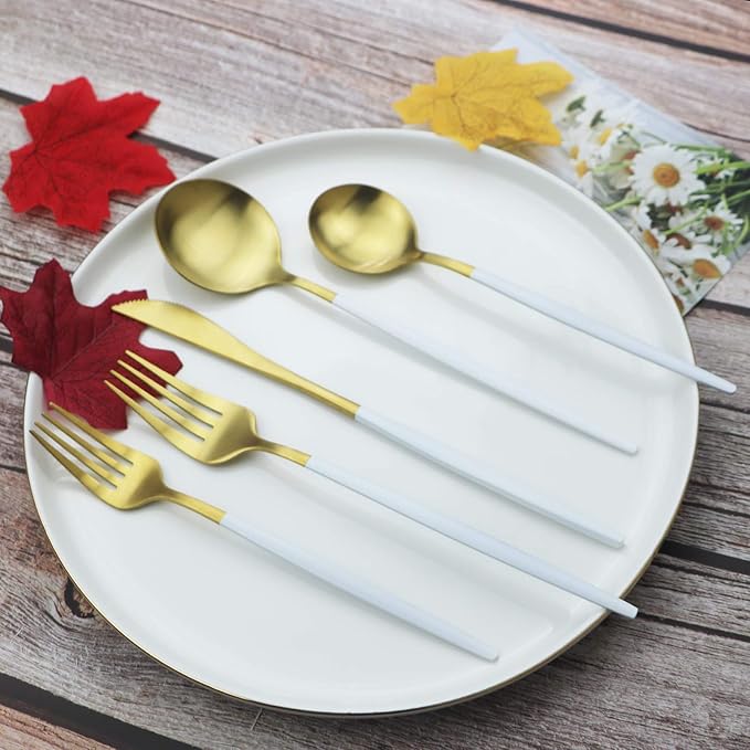 JASHII Silverware Set 36 Piece Food Grade Stainless Steel Flatware Set Fork Spoon Knife Utensils for Daily Use and Party, Service for 6 Anti Rust, Safe in Dishwasher (Matte White handle gold)