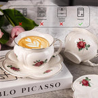 KAMMAK Tea Cups and Saucers Set of 2, Porcelain Coffee Cups, 6.8-Ounce Stackable Espresso Mugs, Ceramic Demitasse for Coffee, Latte, Americano, Tea, Baroque Rose