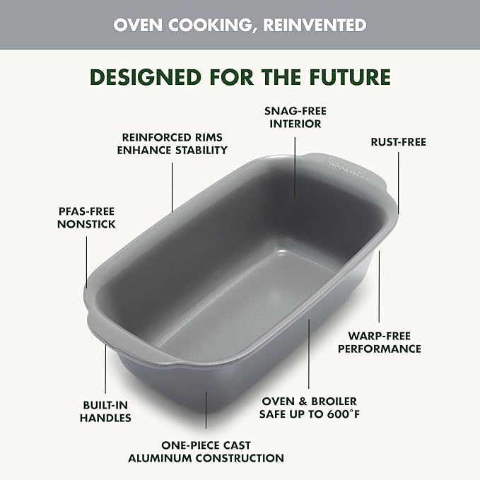 GreenPan Premiere Ovenware Healthy Ceramic Nonstick 1 lb. Loaf Baking Pan, PFOA & PFAS-Free, Warp-Free Bakeware, Durable Quick Heating Baking Tray, Oven and Broiler Safe to 600F, Dishwasher Safe, Gray