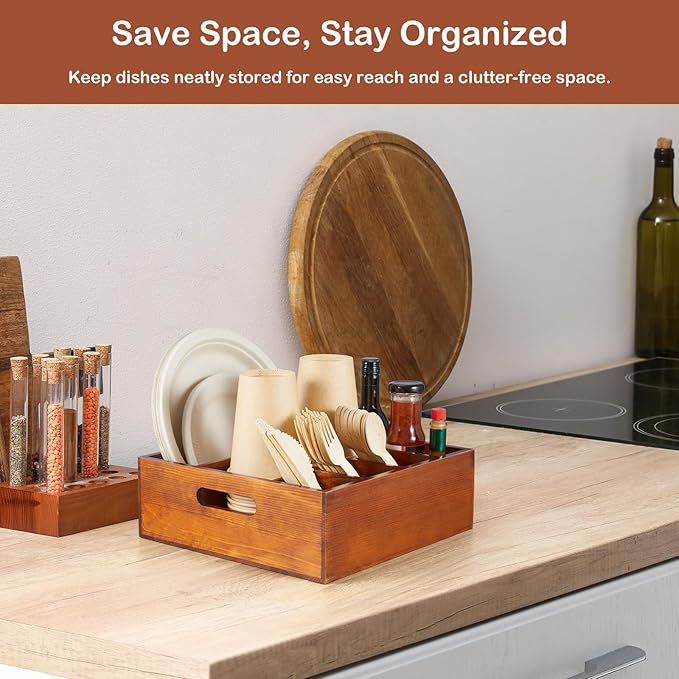 Wood Utensil Holder for Party, 6-Compartment Paper Plate Organizer with Handles, Wooden Silverware Caddy for Picnic, Camping, BBQ, Buffet, and Kitchen Countertop Organization, Brownish red