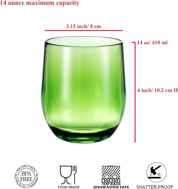 14-ounce Plastic Stemless Wine Glasses, All Purpose Arcylic Glasses, set of 6 Green Reusable Shatter-resistant Dishwasher Safe