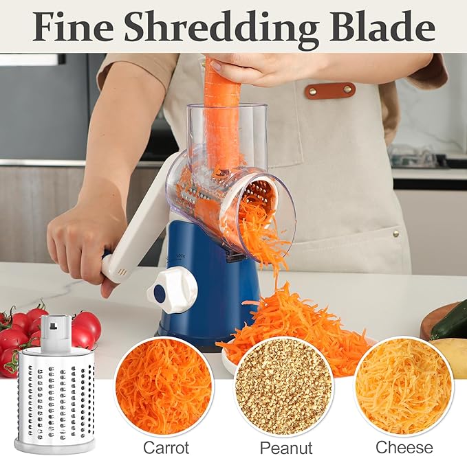 Cambom Rotary Cheese Grater Hand Crank Cheese Shredder for Fresh Cheese, Vegetable, Nuts, Non-slip Suction Base,Five Blades, Deep Blue