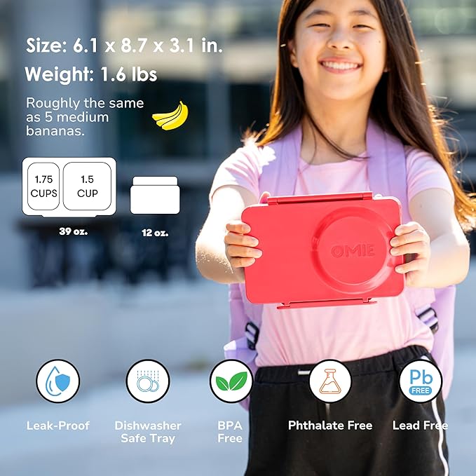 Omie OmieBox UP bento Box for Kids | Insulated Lunch Box | Leak Proof Vacuum Insulated Thermal Food jar | Cooler ice Pack | 2 Compartments (Cherry Pink)