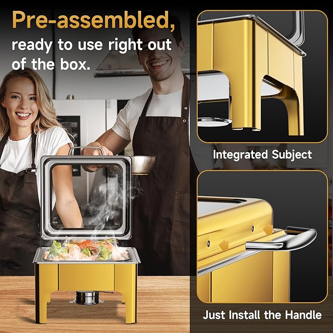 Chafing Dishes for Buffet, 6QT Square Stainless Steel Chafing Dish with Transparent Hydraulic Lid, 304 Food Pan, Buffet Warmer for Parties and Events (Golden)