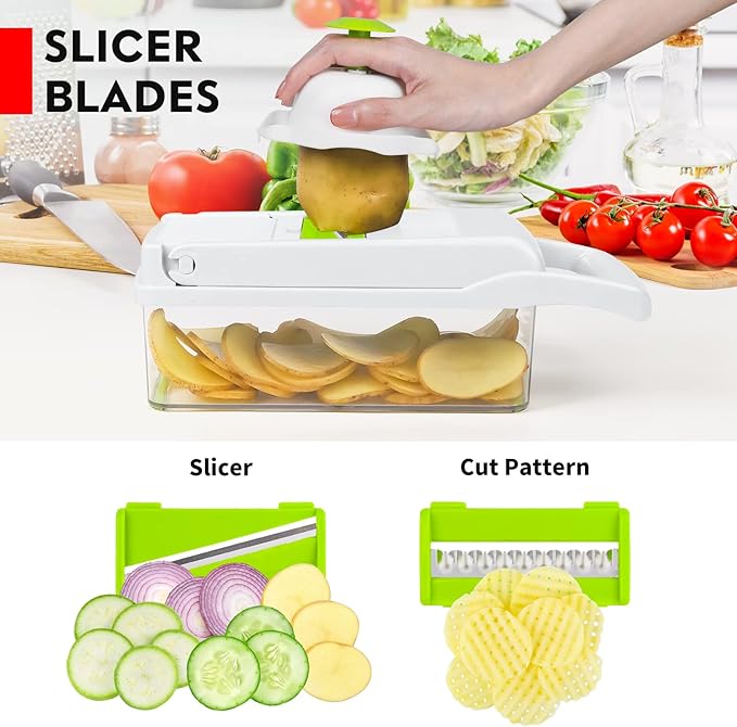 Vegetable Chopper, Pro Onion Chopper, 14 in 1Multifunctional Food Chopper, Kitchen Vegetable Slicer Dicer Cutter,Veggie Chopper With 8 Blades,Carrot and Garlic With Container (Gray) (White)