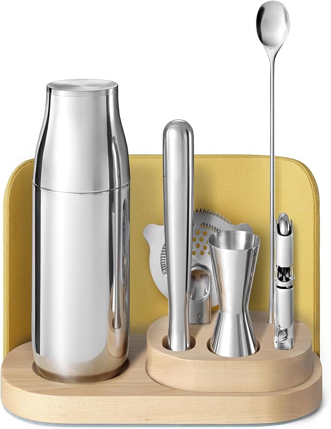 Caraway 9-Piece Complete Bar Set - Cocktail Shaker, Jigger, Muddler, Wine Key, Strainer, Bar Spoon, Storage Organizer, Magnetic Backer - Bartender Accessories - Tools for Home Bartending - Lemon Drop