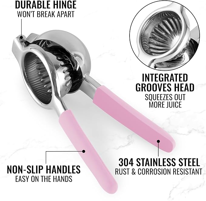 Zulay Lemon Squeezer Stainless Steel with Premium Heavy Duty Solid Metal Squeezer Bowl and Food Grade Silicone Handles - Large Manual Citrus Press Juicer and Lime Squeezer Stainless Steel (Pink)