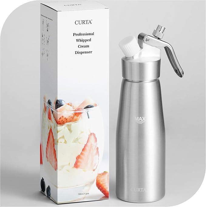CURTA Professional Whipped Cream Dispenser, Premium Aluminium Cream Whipper, Cream Maker with 3 Decorating Tips, 500ml / 1 Pint Canister, N2O Chargers (Not Included) …