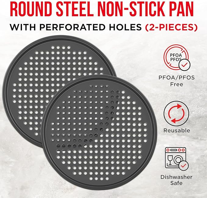 Non-Stick Pizza Pan 1 Pack, 13 Inch Round Carbon Steel Pizza Tray with Perforated Holes for Crispy Crust, PFOAPFOSPTFE Free, Dishwasher & Oven Safe Up To 450°F, Durable Nonstick Gray Coating