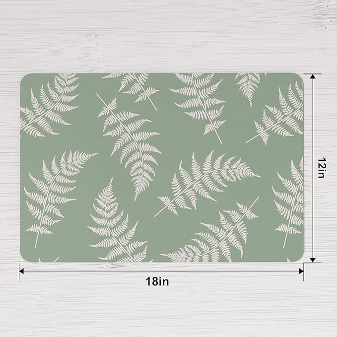 QIYI Placemats Set of 4, 12x18 Inch PU Leather Place Mats for Kitchen Dinning, Heat Resistant Anti Slip Green White Table Mats, Waterproof Wipeable Washable Placemat Party Table Décor, Fern Leaves