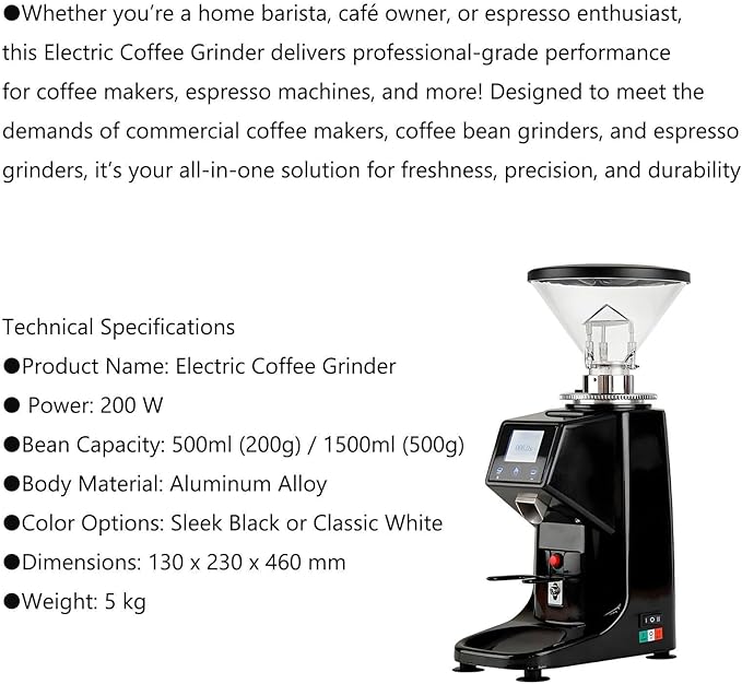 Electric Coffee Grinder, Low Noise Flat Burr Grinder Coffee 19 Settings & Digital Timer Display,Commercial Espresso Coffee Grinders,with 500/1500ML Large Capacity 1500ml-White