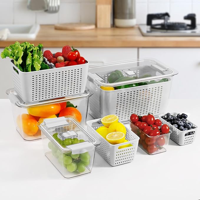 LUXEAR 4 Pack Fruit Vegetable Containers for Fridge, Produce Saver Container with Lids &Removable Colander BPA-free Refrigerator Storage Organizer for Fruit Vegetable, Berry, Meat keep Fresh Longer