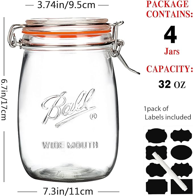 Wide Mouth Glass Jars with Airtight Lid 32OZ 4 Pack, Kitchen Storage Large Clear Canister Jars with Hinged Lid with Measurement Marks For Canning,Coffee,Flour,Sugar,Beans