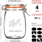 Wide Mouth Glass Jars with Airtight Lid 32OZ 4 Pack, Kitchen Storage Large Clear Canister Jars with Hinged Lid with Measurement Marks For Canning,Coffee,Flour,Sugar,Beans